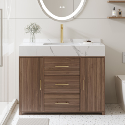 "39.3"" Floating Bathroom Vanity Cultured Marble Top Bathroom Cabinet Walnut with Sink" - thumbnail 2