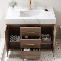 "39.3"" Floating Bathroom Vanity Cultured Marble Top Bathroom Cabinet Walnut with Sink" - thumbnail 3
