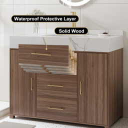 "39.3"" Floating Bathroom Vanity Cultured Marble Top Bathroom Cabinet Walnut with Sink" - thumbnail 5