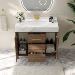 100 cm Floating Bathroom Vanity Cultured Marble Top Bathroom Cabinet Walnut with Sink - thumbnail 3