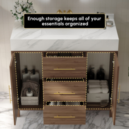 100 cm Floating Bathroom Vanity Cultured Marble Top Bathroom Cabinet Walnut with Sink - thumbnail 4
