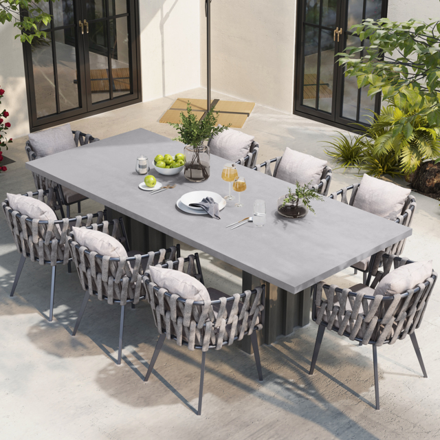 9 Pieces Grey Aluminum Outdoor Patio Dining Set with Extendable Table and Woven Armchair - image 1