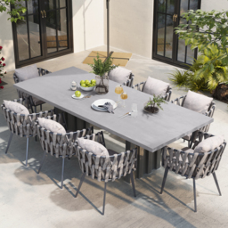 9 Pieces Grey Aluminum Outdoor Patio Dining Set with Extendable Table and Woven Armchair - thumbnail 1