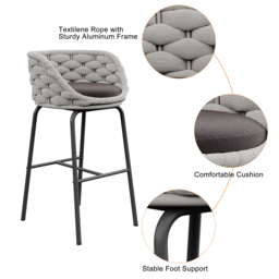 2 Pieces Outdoor Chair Patio Woven Rope & Aluminum 960mm Bar Stools Set with Backs - thumbnail 9