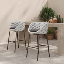 2 Pieces Outdoor Chair Patio Woven Rope & Aluminum 960mm Bar Stools Set with Backs - thumbnail 1