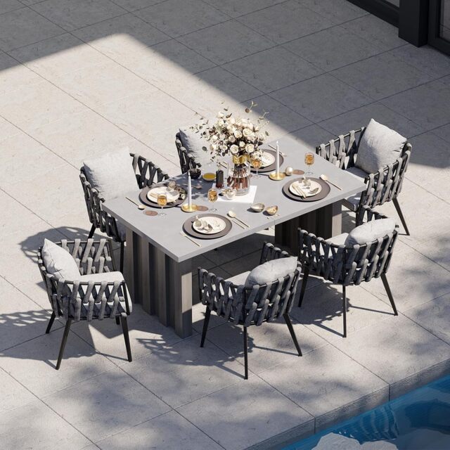 7 Pieces Grey Aluminium Outdoor Patio Dining Set with Extendable Table & Woven Armchair - image 1