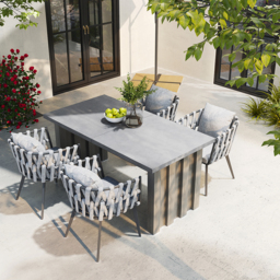 7 Pieces Grey Aluminium Outdoor Patio Dining Set with Extendable Table & Woven Armchair - thumbnail 6