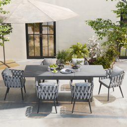 7 Pieces Grey Aluminium Outdoor Patio Dining Set with Extendable Table & Woven Armchair - thumbnail 7