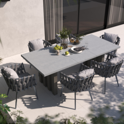 7 Pieces Grey Aluminium Outdoor Patio Dining Set with Extendable Table & Woven Armchair - thumbnail 4