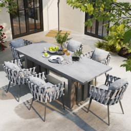 7 Pieces Grey Aluminium Outdoor Patio Dining Set with Extendable Table & Woven Armchair - thumbnail 5