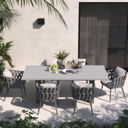 7 Pieces Grey Aluminium Outdoor Patio Dining Set with Extendable Table & Woven Armchair - thumbnail 3