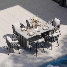 7 Pieces Grey Aluminium Outdoor Patio Dining Set with Extendable Table & Woven Armchair