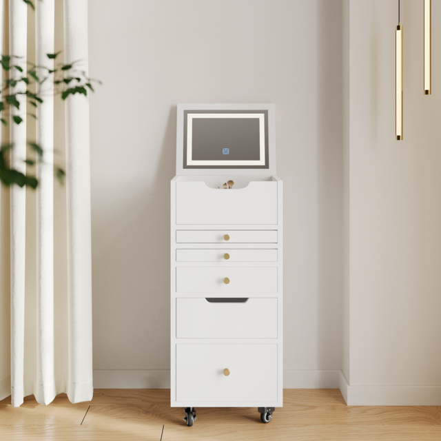 5-Drawer Beauty Cart Tall Dresser with Lighted Mirror Jewellery Storage Cabinet