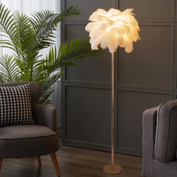Loftus Art Deco Tree Floor Lamp with White Feather Shade Rose Gold Finish - thumbnail 1