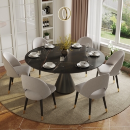Modern 152 cm Round Matte Sintered Stone Dining Table with Black Pedestal Base, Seats 6 - thumbnail 1
