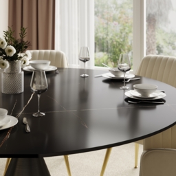 Modern 152 cm Round Matte Sintered Stone Dining Table with Black Pedestal Base, Seats 6 - thumbnail 9