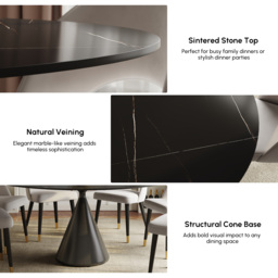 Modern 152 cm Round Matte Sintered Stone Dining Table with Black Pedestal Base, Seats 6 - thumbnail 5