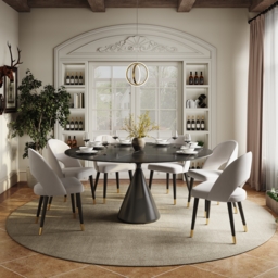 Modern 152 cm Round Matte Sintered Stone Dining Table with Black Pedestal Base, Seats 6 - thumbnail 2