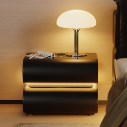 Modern White Leather Smart LED Bedside Table with Wireless Charger 2 Drawers Bedside Table with USB & Type-C Ports with Sintered Stone Top - thumbnail 3