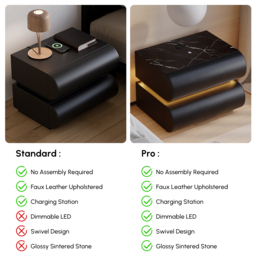 Modern White Leather Smart LED Bedside Table with Wireless Charger 2 Drawers Bedside Table with USB & Type-C Ports with Sintered Stone Top - thumbnail 5