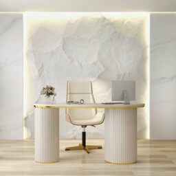 1400mm Modern Off-White Curved Desk 3-Drawer Wooden Home Office Desk Double Pedestal - thumbnail 6