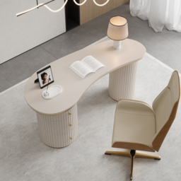 1400mm Modern Off-White Curved Desk 3-Drawer Wooden Home Office Desk Double Pedestal - thumbnail 1
