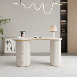 1400mm Modern Off-White Curved Desk 3-Drawer Wooden Home Office Desk Double Pedestal - thumbnail 2