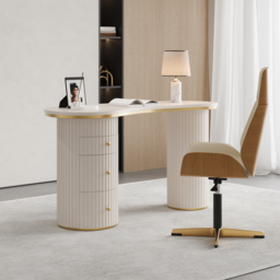 1400mm Modern Off-White Curved Desk 3-Drawer Wooden Home Office Desk Double Pedestal - thumbnail 4