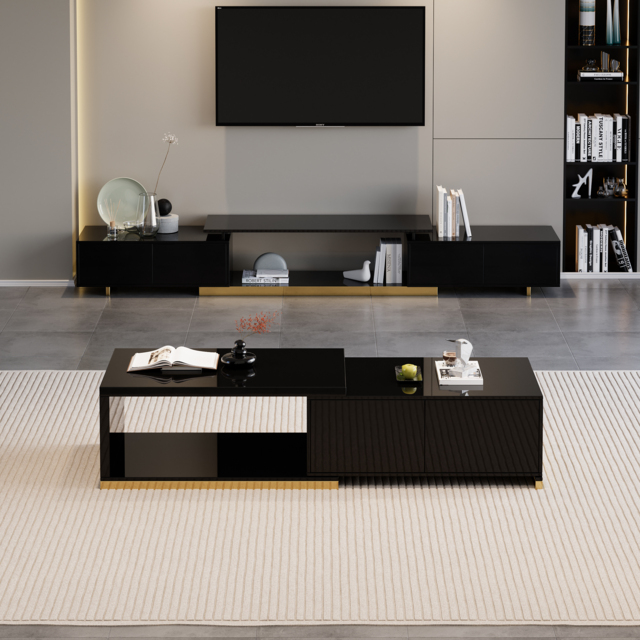 Living Room Cabinet Set Rectangle Glossy Black Extendable TV Stand & 1798 mm Glossy Black Coffee Table Set - image 1