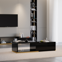 Living Room Cabinet Set Rectangle Glossy Black Extendable TV Stand & 1798 mm Glossy Black Coffee Table Set - thumbnail 3