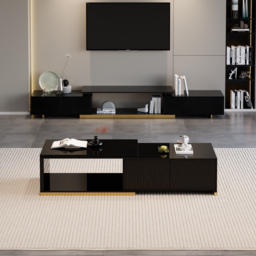 Living Room Cabinet Set Rectangle Glossy Black Extendable TV Stand & 1798 mm Glossy Black Coffee Table Set