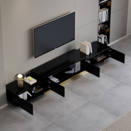 Living Room Cabinet Set Rectangle Glossy Black Extendable TV Stand & 1798 mm Glossy Black Coffee Table Set - thumbnail 7