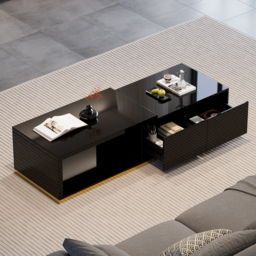 Living Room Cabinet Set Rectangle Glossy Black Extendable TV Stand & 1798 mm Glossy Black Coffee Table Set - thumbnail 9
