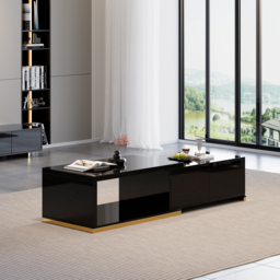 Living Room Cabinet Set Rectangle Glossy Black Extendable TV Stand & 1798 mm Glossy Black Coffee Table Set - thumbnail 8