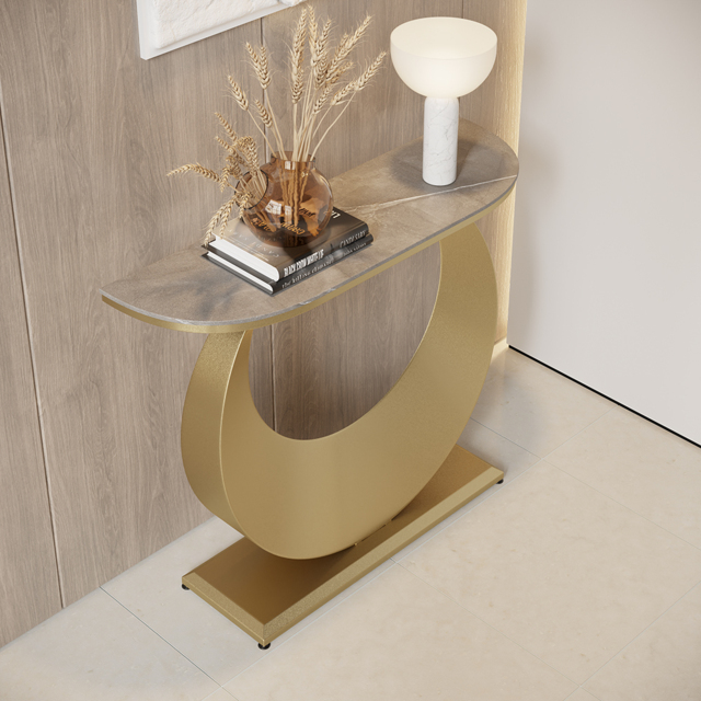 1000mm Narrow Console Table Grey Sintered Stone Entryway Table with Half-Moon Steel Base - image 1