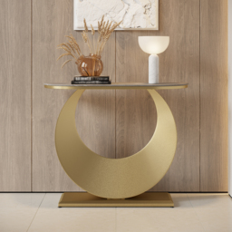 1000mm Narrow Console Table Grey Sintered Stone Entryway Table with Half-Moon Steel Base - thumbnail 2