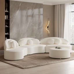 Modern 7 Seat Sectional Sofa Curved  Modular White Boucle Upholstered with Ottoman - thumbnail 4
