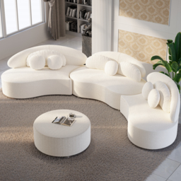 Modern 7 Seat Sectional Sofa Curved  Modular White Boucle Upholstered with Ottoman