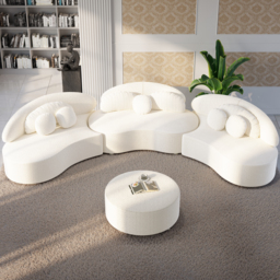 Modern 7 Seat Sectional Sofa Curved  Modular White Boucle Upholstered with Ottoman - thumbnail 7