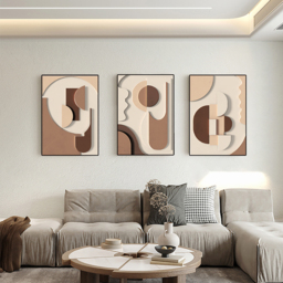 3 Pieces Japandi Wall Decor for Living Room Abstract Art Print with Frame in Brown - thumbnail 3