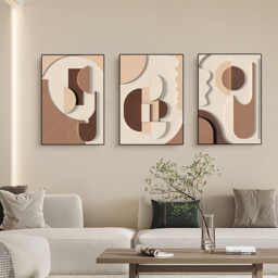 3 Pieces Japandi Wall Decor for Living Room Abstract Art Print with Frame in Brown - thumbnail 2