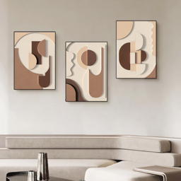 3 Pieces Japandi Wall Decor for Living Room Abstract Art Print with Frame in Brown - thumbnail 1