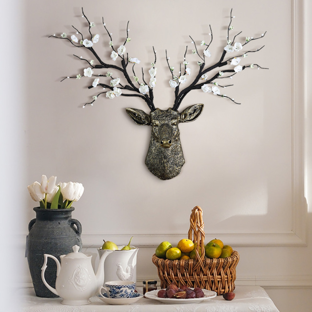 Antique Bronze Deer Head Wall Decor White Cherry Blossom Artificial Flower Arrangement - image 1