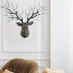 Antique Bronze Deer Head Wall Decor White Cherry Blossom Artificial Flower Arrangement - thumbnail 3