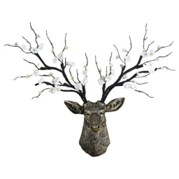 Antique Bronze Deer Head Wall Decor White Cherry Blossom Artificial Flower Arrangement - thumbnail 8