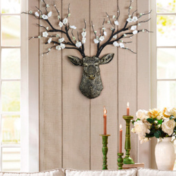 Antique Bronze Deer Head Wall Decor White Cherry Blossom Artificial Flower Arrangement - thumbnail 2