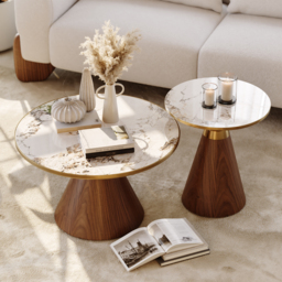 Sintered Stone Round Coffee Table 2 Pieces Set Modern Walnut Living Room Furniture - thumbnail 2