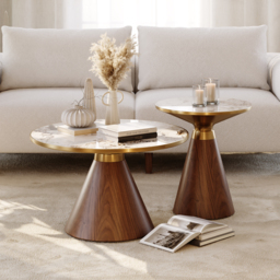 Sintered Stone Round Coffee Table 2 Pieces Set Modern Walnut Living Room Furniture