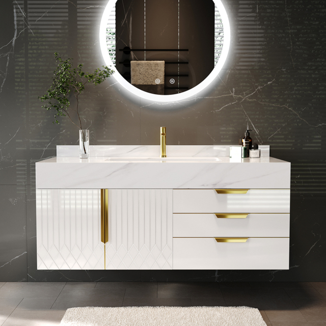 Aro 90 cm White Wall Mounted Bathroom Vanity Drawers Faux Marble Top - image 1