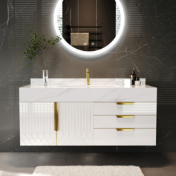 Aro 90 cm White Wall Mounted Bathroom Vanity Drawers Faux Marble Top